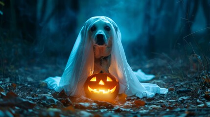 ghost dog with a Halloween pumpkin, jack o lantern