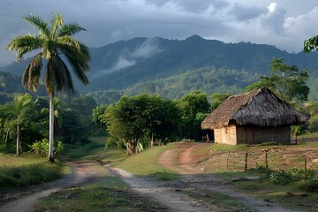 Fototapeta premium Thatched roof hut in a rural area