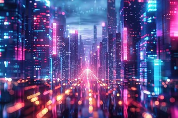 Fototapeta premium Futuristic cityscape with neon lights and digital effects, depicting a technologically advanced urban environment at night.