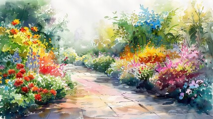 Vibrant watercolor painting of a garden path surrounded by colorful flowers and lush greenery, creating a serene and peaceful atmosphere.