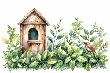 Watercolor illustration of a wooden birdhouse surrounded by lush green foliage and a small bird perched nearby on white background.