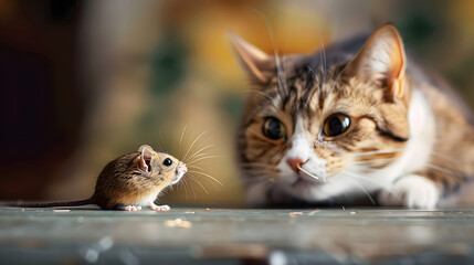 Cat playing with little gerbil mouse on thetable