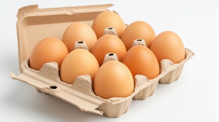 Eggs in cardboard packaging isolated on white close up photo