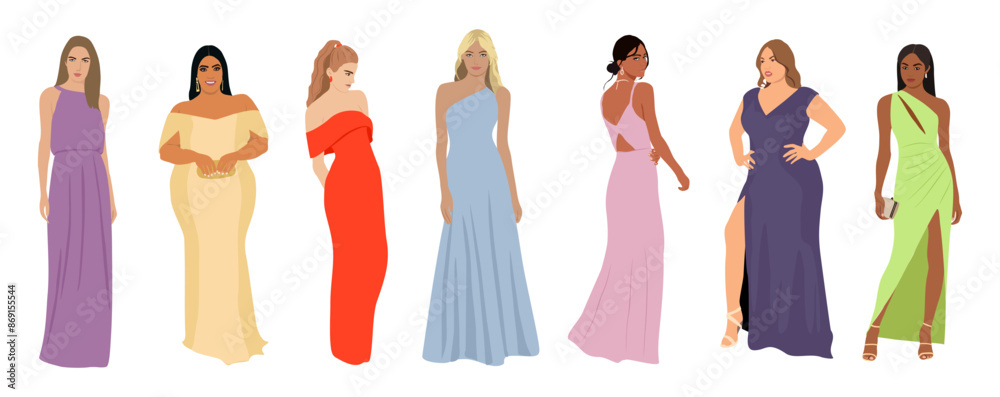 Wall mural set of diverse beautiful women in fashion dress for evening or cocktail party, event. pretty multira