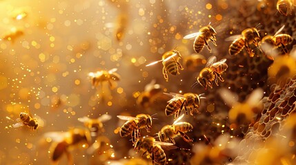 An intricate image of bees buzzing around their honeycomb, with golden particles in the air, showcasing the beauty of their busy life and the warmth of their home.