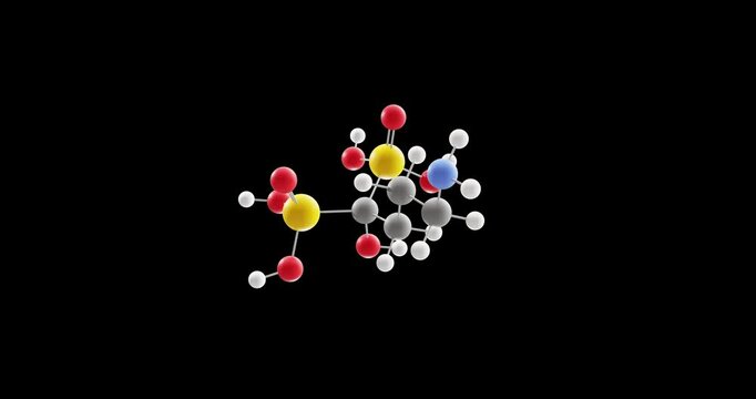 Alendronic acid molecule, rotating 3D model of bone resorption inhibitors, looped video on a black background
