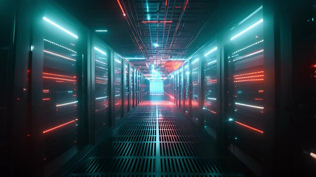 Data center. Abstract digital warehouse. Server room of clouds computing technology. Server farm communication with internet. Network connection and information exchange lights glow in the dark	