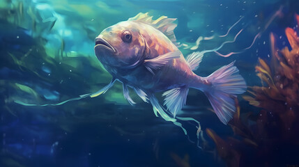 Catfish under at sea watercolor