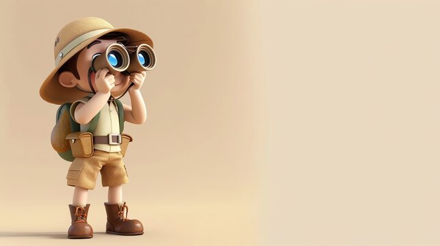 A 3D cartoon illustration of a boy dressed as an explorer, looking through binoculars.