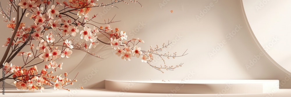 Poster A minimalistic image of geometric floral patterns on a modern white platform, ideal for design and architecture studios. Generative AI