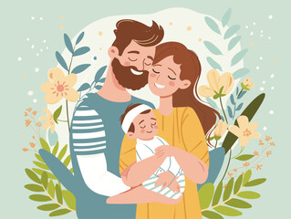 A Cherished Embrace: Newborn Blessing Held Tenderly in Parental Arms, Captured in Vibrant Animated Style