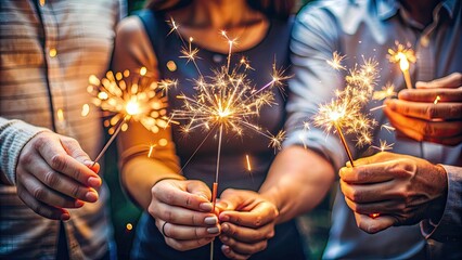 Friends celebrating Christmas and New Year together holding firework sparkles