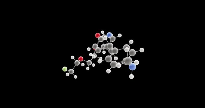 Florbetapir (18F) molecule, rotating 3D model of radiopharmaceutical compound, looped video on a black background