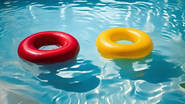 Swimming pool with red and yellow inflatable ring float in water. Inflatable donut ring, Summer vacation concept	