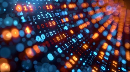 Binary data over a background with blurry pixels, featuring a bokeh effect. The illustration showcases blue digital binary code on a computer screen, creating a technological and abstract visual