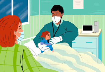 Doctor examining patient with mother sitting in hospital ward