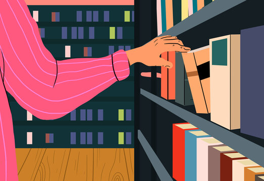 Hands of unrecognizable person picking book from bookshelf