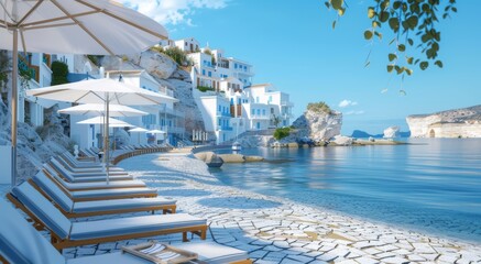 Obraz premium beach with blue and white buildings, mediterranean style houses on the cliff overlooking sea, summer landscape with sun loungers under umbrellas, clear sky, mediterranean vacation and travel concept 