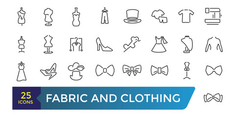 Fabric and Clothing icon set. Such as textile, wool, fur, corduroy, cotton, and more. Collection and pack of linear web and ui icons. Editable stroke. Vector illustration