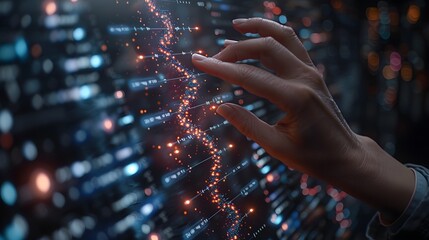 The Intricate Dance of Digital Data: A Human Hand Interacting with a Dynamic Stream of Glowing Particles in a Futuristic Technological Environment
