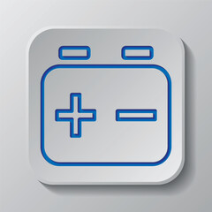 Battery accumulator simple icon. Flat design. Paper cut design. Cutted blue symbol with shadow. Gray badge button, gray background