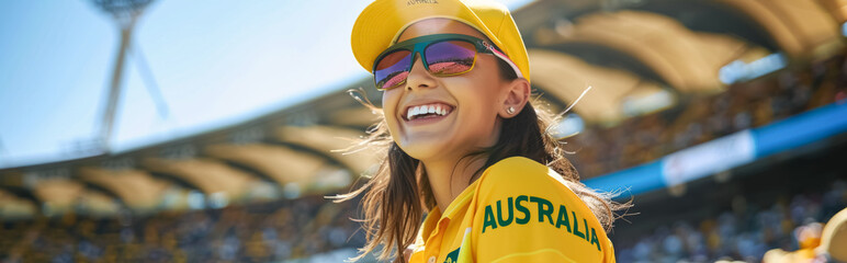 Happy Australian Cricket Supporter. A young blonde woman in her 20s, wearing sunglasses and a wide-brimmed hat, enjoying a cricket match with a beaming smile and vibrant energy.
