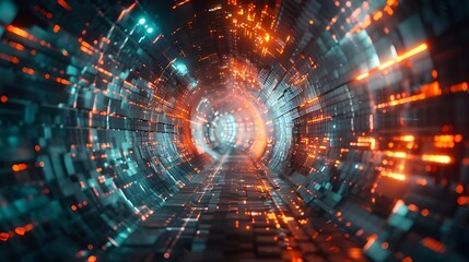 Obraz premium An ultra-realistic image of a geometric figure highlighted by neon light within a dark tunnel. The geometric form, featuring a complex array of intersecting lines and planes, radiates bright neon