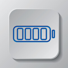 Battery simple icon, vector. Flat design. Paper cut design. Cutted blue symbol with shadow. Gray badge button, gray background
