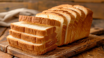 A loaf of white bread is sliced into six pieces and placed on a wooden cutting board. The bread is fresh and ready to be eaten