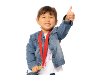 Asian Chinese little girl with gold medal with thumb up isolated over transparent background.