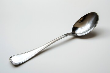 A gleaming stainless steel spoon, isolated against a pristine white background, embodies the essence of kitchen utility and elegance