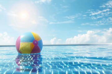 Summer holidays background with colorful beach ball floating on luxury swimming pool and copy space