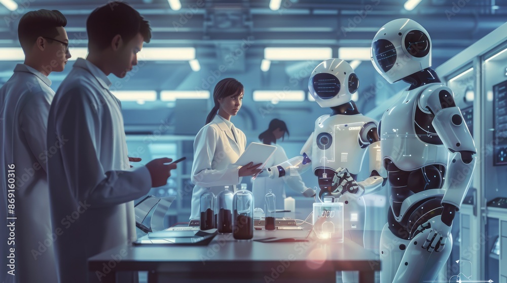 Poster researchers and robot working together in a high-tech lab environment, focusing on innovation and ai