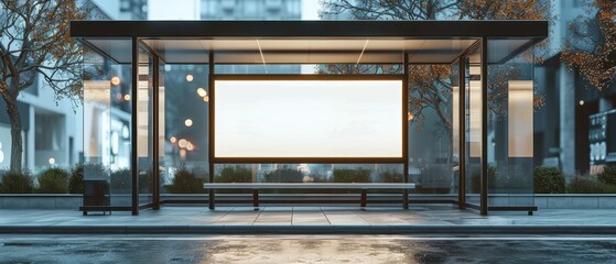 Minimalist Urban Bus Stop with Blank Billboard Mockup in Modern City Setting