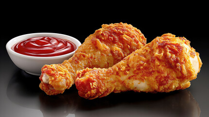 Fried chicken with sauce ketchup on dark background