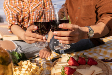 Hands of boyfriend and girlfriend toasting wineglasses