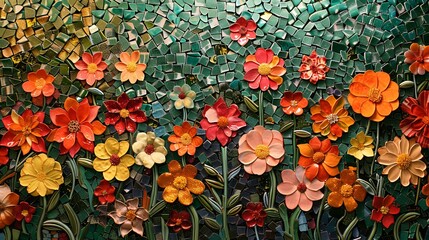 Obraz premium A beautiful picture made of small colorful tiles, showing flowers in shades of green, red, orange, pink, and gold.