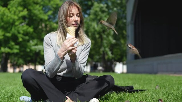 Relaxed woman snacking on sundae in waffle cone, spending time in nature park, while flock of birds brazenly begs for food, sits next to with interest expectation. Girl feed arrogant trusting sparrows