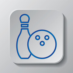 Bowling  simple icon vector. Flat design. Paper cut design. Cutted blue symbol with shadow. Gray badge button, gray background