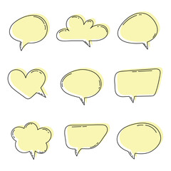 Cute yellow hand drawn speech bubbles collection on white background