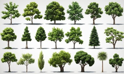 Fototapeta premium Collection of various green trees isolated on white background