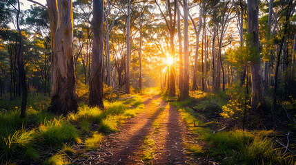 Obraz premium Serene footpath winding through a dense eucalyptus forest, with golden sunset sunbeams filtering through the tall trees, casting a warm and magical glow on the path. 