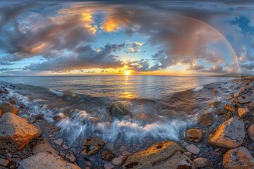 At sunset, the rainbow in the sea
