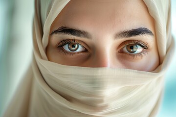 Fototapeta premium Muslim female portrait. Cultural beauty with veil. Arab women s traditional islamic scarf. Young