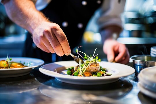 Professional Photography of Chef Food Presentation, showcasing the chef's skill in presenting visually appealing dishes, Generative AI