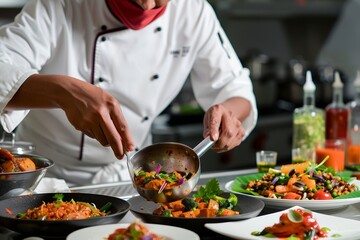 Professional Photography of Chef International Cuisine, featuring the chef preparing dishes from various global cuisines, Generative AI