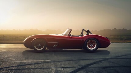 Fototapeta premium A classic red sports car drives down a road at sunset. The car is a convertible with the top down, and the driver is enjoying the ride.