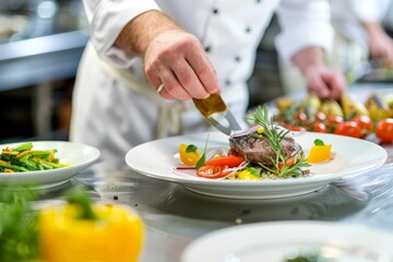 Professional Photography of Chef Plating Meals, presenting beautifully plated dishes by the chef, demonstrating culinary presentation, Generative AI