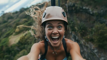 Close up of a happy woman ziplining on a mountain in Hawaii, wearing a helmet and gear for the zip line adventure, looking at the camera in a screaming pose for an action shot. The action photography 