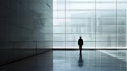 Fototapeta premium A lone figure stands silhouetted against a large window in a modern building. The glass reflects the city outside, creating a sense of isolation and contemplation.